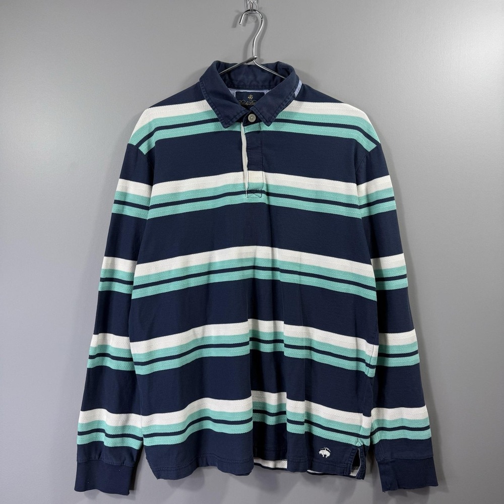 Brooks Brothers Rugby Shirt Mens Large Blue Green Striped Long Sleeve Cotton
